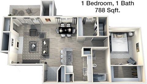 A 3D floor plan of a 1 bedroom, 1 bath apartment sized 788 square feet.